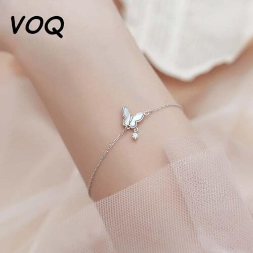 VOQ 925 Sterling Silver Sweet Zircon Butterfly Bracelet Womens Girlfriend Shell Charm Bracelet Chain Ornament
