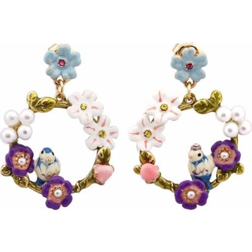 Lovebird Series Blue Tit 925 Silver Stud Earrings Color Flower Pearl Asymmetric Pastoral Fashion Niche Earrings
