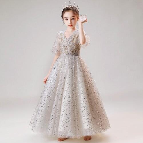 Gray Tulle Flower Girls Dresses For Wedding Sequin Lace Long Girl Dress Party Christmas Dress Children Princess Costume For Kids