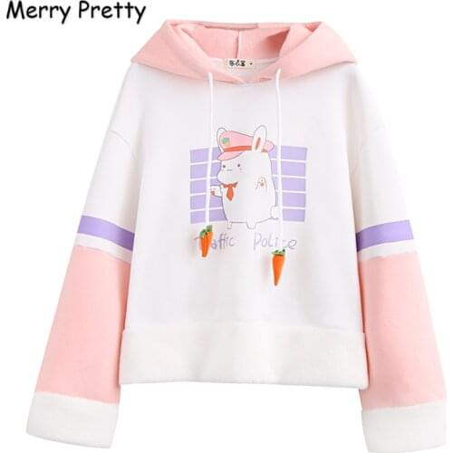 Merry Pretty Cartoon Print Bunny Hoody Sweatshirt Women Thick Warm Kawaii Sweatshirts with rabbit ears on hood Sweet Pullovers