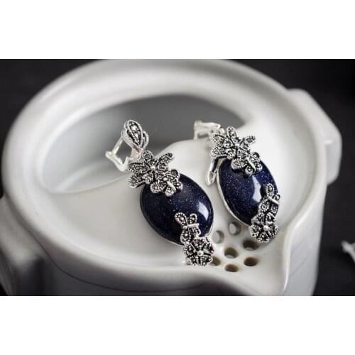 Amazing Vintage 25 Blue Flower Marcasite Earrings 11/2" -Top qual Brincos Ohrringe Sterling Jewelry Earring Party, Luxury Dubai