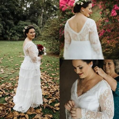 Bohemian Summer Wedding Dresses 2021 V Neck long Trumpet Sleeve Backless Sweep Train Lace Beach Garden Country Bridal Gowns