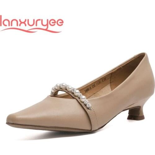 Lanxuryee spring recommend genuine leather small square toe med heel pearl decoration beauty lady dance party women pumps L06