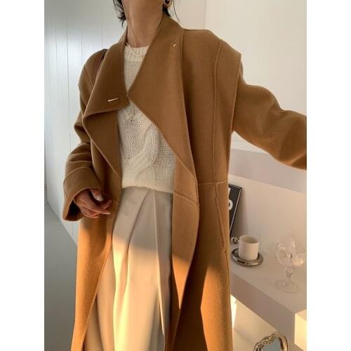 High-end design sense Korean single metal buckle stand-up collar double-sided woolen woolen coat for women Korean version 21 new