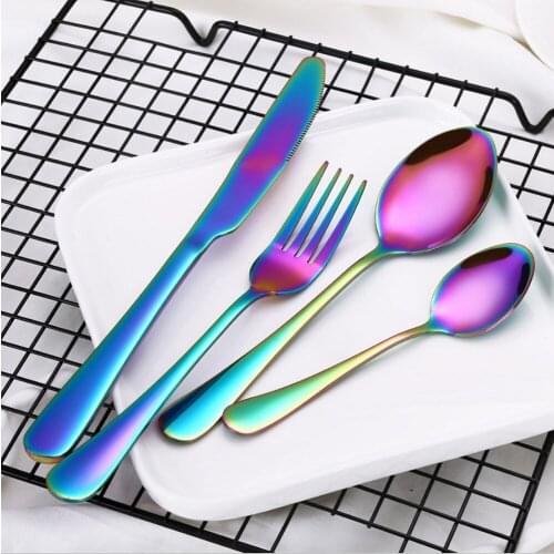 High-end cutlery 4 pcs rainbow dinnerware set stainless steel knife and creative color fork and spoon christmas tableware