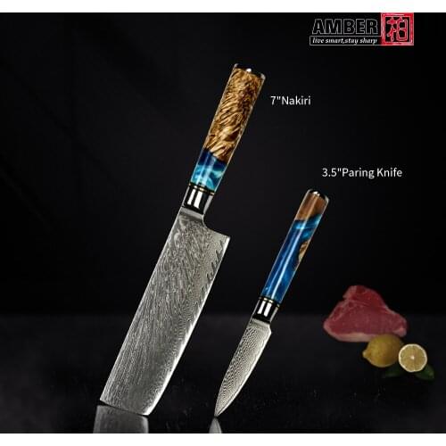 Amber Japanese Knife Set Damascus 67 Layers VG10 Steel Kitchen Knives Professional 7 inch Nakiri 3.5 inch Paring Resin Handle