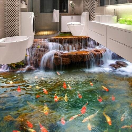 Custom green pvc beautiful waterfall creek carp bathroom bathroom living room 3D floor self-adhesive floor decorative painting