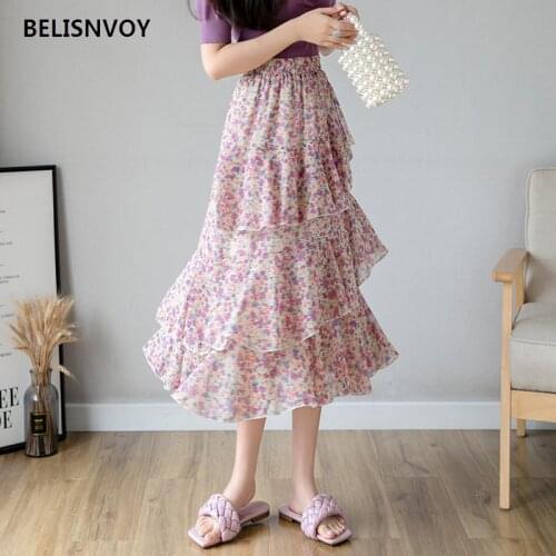 2021 Summer Women Midi Skirts Ruffles Ladies Beach Holiday Floral Printed Chiffon Layered High Waist Bohemian Skirt For Woman