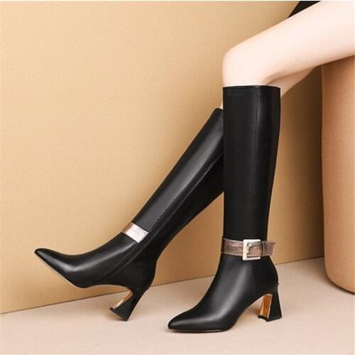 PXELENA Plus Size 34-43 Brand New Women Knee High Boots Strange Heels Real Cow Leather Buckle Fashion Long Boots Winter Shoes