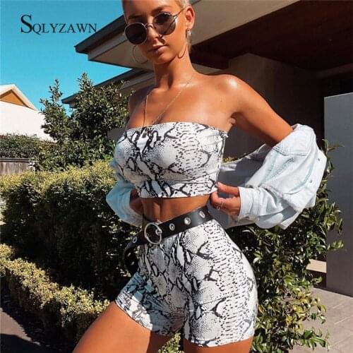 Snake Skin Two Piece Set Women Summer Strapless Backless Crop Top Elastic Waist Shorts Tracksuit Fashion Beachwear 2 Pcs Outfits