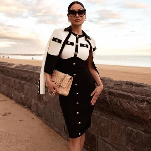Summer 2021 Black White Patchwork Bandage Dresses Women Buttons Sexy Sleeveless O Neck Bodycon Party Robe Vestidos F2441