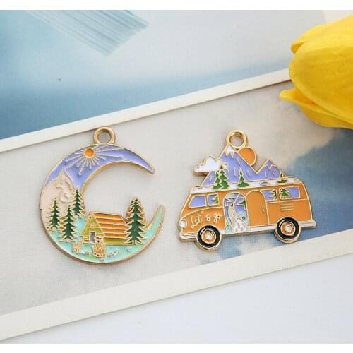ApeUr 10pcs Mountain Car RV Forest Moon Design Enamel Charms For Jewelry Making Gold Color Metal Earrings Bracelet Pendants