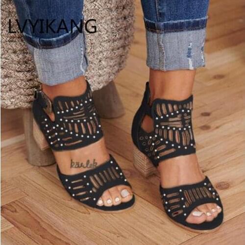 Women Fashion Sandals Women Vintage Hollow Out Peep Toe Square Heel Wedges Sandals High Heels Shoes