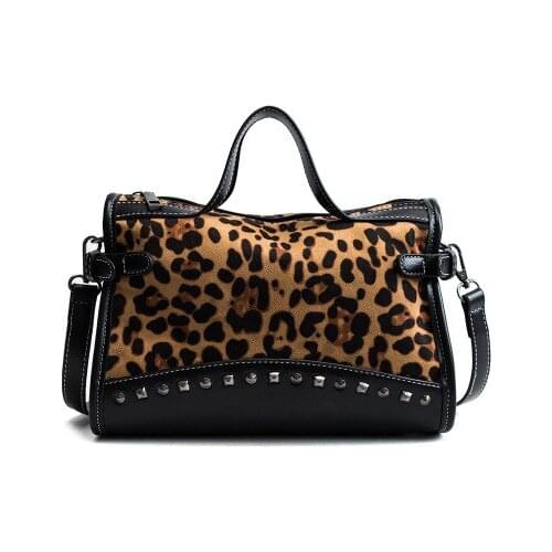 Brand Leopard Print Boston Women Bag Vintage Shoulder Bags rivet big Women Handbags Designer PU Leather Bags Ladies New