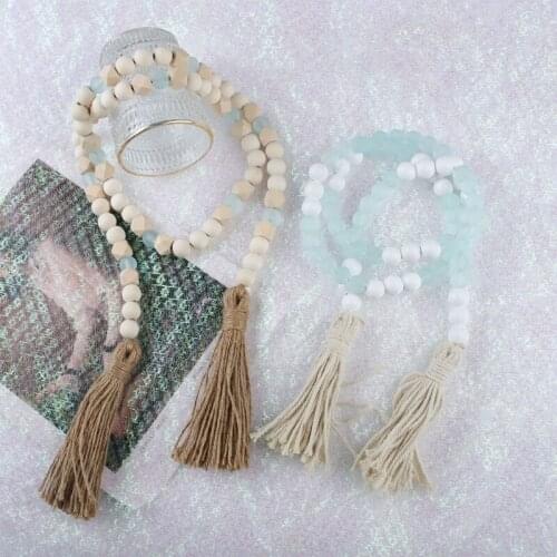 Farmhouse Rustic Wooden Beads Garland with Tassels Bohemian Country Style Prayer Pendant Wall Hanging Home Decoration Ornament