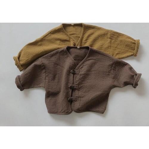 Korean Style Children Linen Tops Boys Girls Long Sleeve Shirts Korea Toddler Fall Vintage Swearshirts Brother Matching Clothes