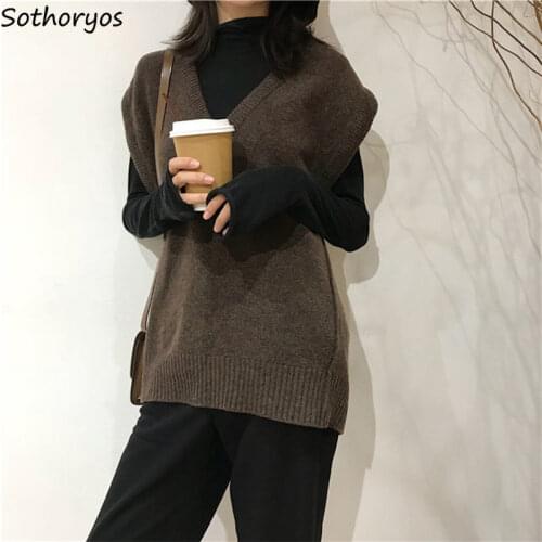 Elegant Solid Women Sweater Vest Retro V-neck Knitted Leisure All-match Female Japanese Style Ulzzang Chic Tops Outwear Pullover