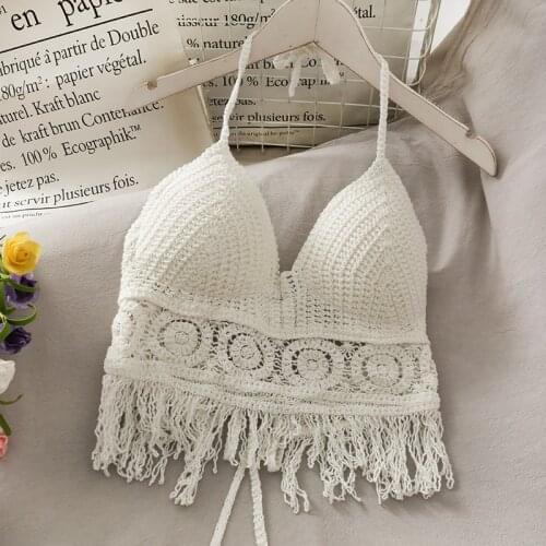 New Sexy Crop Top Women Crochet Boho Beach Camisoles Bikini Bralette Halter Cami Bra Backless Beachwear Tassel Tank Top