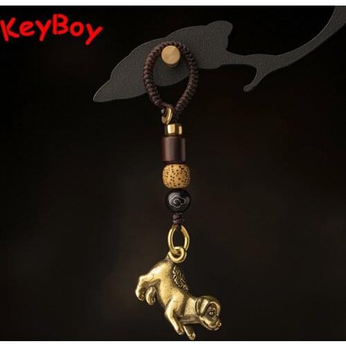 Brass Zodiac Animal Dog Figures Car Keychain Pendant Jewelry Antique Motorcycle Key Hanging Handmade Woven Rope Lanyard Ornament