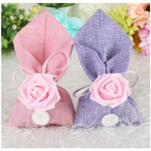 20pcs/lot Cute Purple Wedding Candy Bag With Pink Color PE Rose Flower And Sweet Love Card DIY Beautiful Party Favor Gift Box
