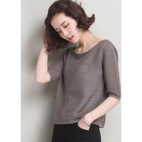 New 2016 summer and autumn solid color hollow sweater women loose Tops O-collar camel;blue;black hedging Pullover