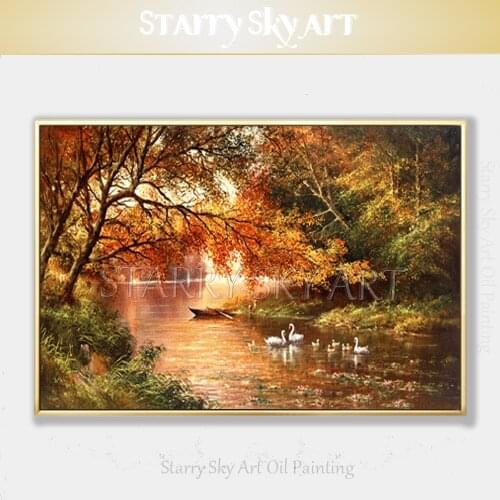 Professional Artist Hand-painted High Quality Lake Landscape Oil Painting Beautiful Swan in Lake Oil Painting for Wall Art Decor