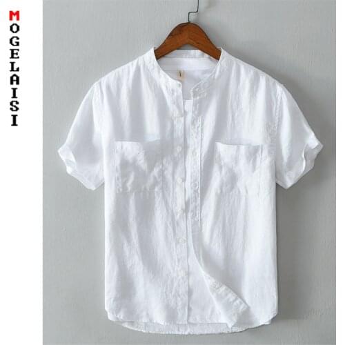 New 100% linen white shirt men short sleeve tops summer solid breathable shirt high quality two pocket Camisa masculina 560