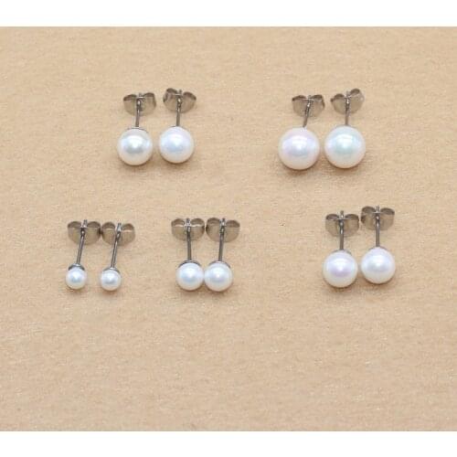 Brief Style Stainless Steel With Nature White Pearls Pearl Stud Earrings 4 5 6 7 8mmNo Fade Allergy Free