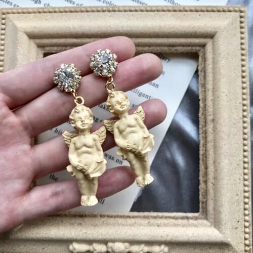 Cute Dangle Embossed Angel Rhinestone Earrings INS Minimalist Normcore Retro Personality Fashion Creative Ear Jewelry Gift