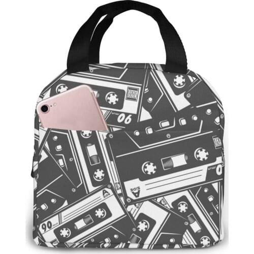 Lunch Bag Cassette Tape In Monochrome Thermal Insulated Lunch Box Tote Cooler Bag Bento Pouch Lunch Container Food Storage Bag