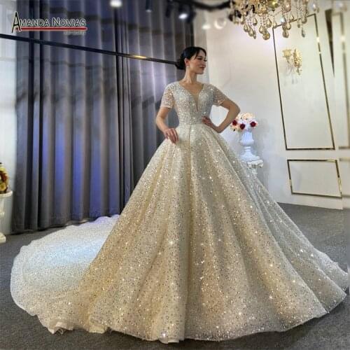 Short sleeves wedding dress beading amanda novias design bridal dress 2021
