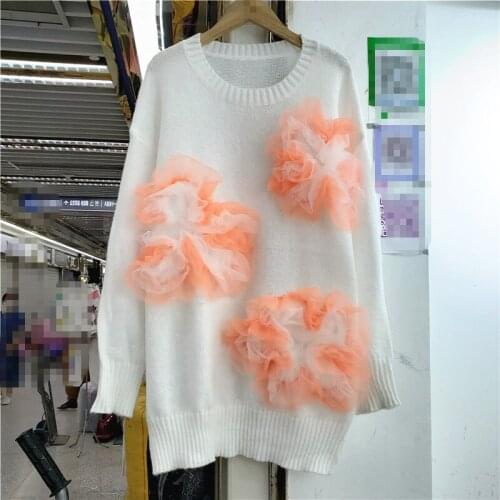Knitwear Pullovers for Women 2021 Autumn New Mesh Stitching Three-Dimensional Floral Loose-Fitting Sweater Outerwear Top