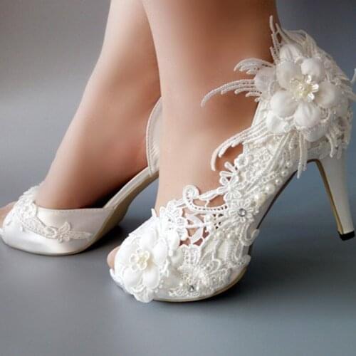 Women Bride Wedding Shoes White Flower 2021 New Party Dress Shoes Ladies Open Toe High Heel Pumps Thin Heels Princess shoes