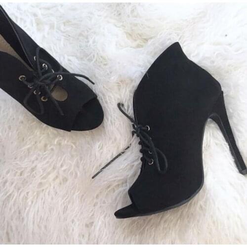 Carpaton Summer Fashion Lace Up Peep Toe Bootie Heels Black Suede Thin Heels Woman Ankle Boots Ladies Elegant Short Boots