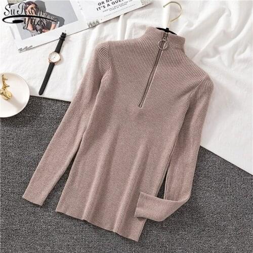Autumn and Winter Fashion Solid Colors Long Sleeve Zipper Slim Womens Knitwear Womens Half Turtleneck Pullover Feminine 11260