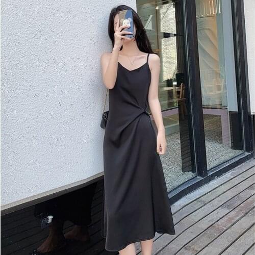 Women Dresses Summer Sexy V Neck Soild Evening Party Sleeveless Spaghetti Strap Satin Casual Dress Sundress Robe Beach Dress