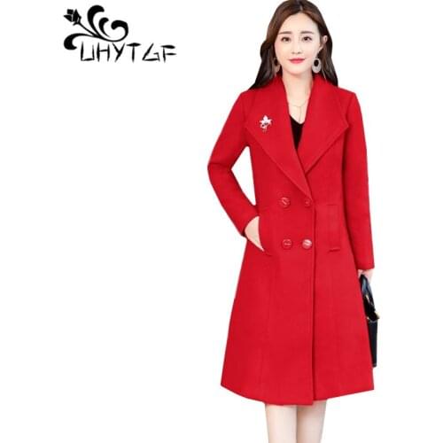 UHYTGF New Long Jackets Woman Winter Woolen Coat Suit collar long sleeve double breasted Windbreaker Outerwear High quality 667