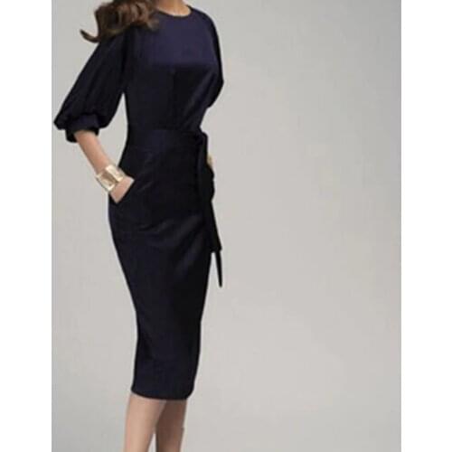 Bigsweety Elegant Women Dress Office Lady Mid-Calf Pencil Dress With Sashes Lantern Sleeve Slim Bodycon Party Dress Vestidos