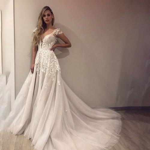 Booma White Ivory Tulle Backless Wedding Dress Cap Sleeve Lace with Appliqued Deep V-neck Wedding Gowns Beach Boho Bridal Gowns