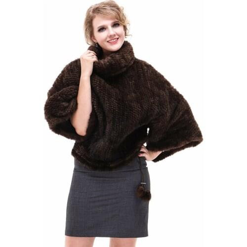 Autumn Winter Womens Genuine Knitted Mink Fur Poncho Mandarin Collar Batwing Sleeve Wraps Lady Pashmina Shawl VF7061