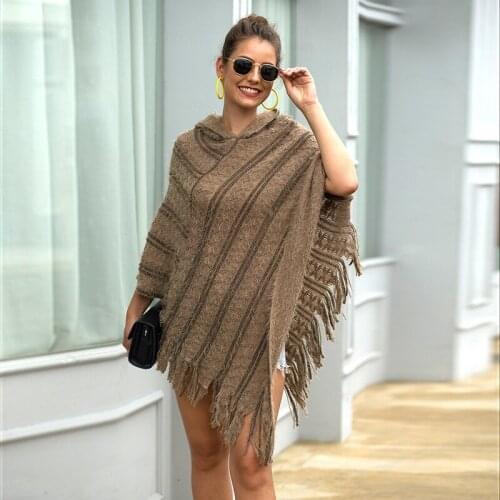 Winter Travel Womens Sweater Knitted Pullover Sweaters Fringed Hooded Shawl Fringed Cloak Striped Ladies Sweater Women