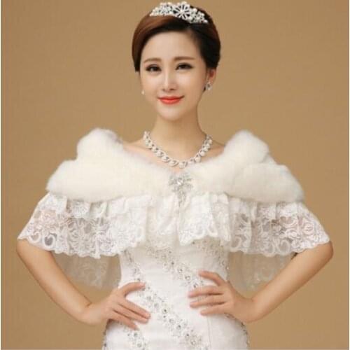 Winter Womens Faux Fur Wrap Wedding Shrug Bolero Stole Jacket Bridal Lace Shawl Ivory Coat Jacket Evening Dress