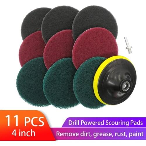 11pcs 4 Inch Drill Power Scrubber Scouring Pads Cleaning Kit Household Cleaner Tools Dusty Brush with Hook and Loop sanding pad