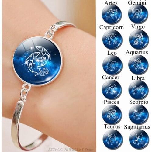 12 Zodiac Sign Bracelet Chain Glass Cabochon Jewelry Leo Taurus Constellation Bangle Women Birthday Gifts Dropshipping