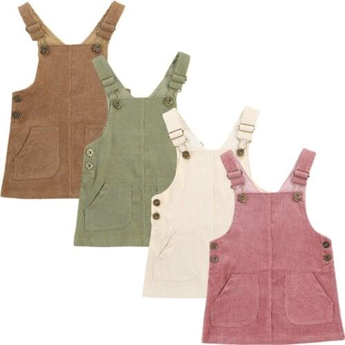 2021 0-3Y Vintage Toddler Baby GIrls Dress Corduroy Overalls Autumn New Soild Color Pockets Button Straps Bib Dress Kids Outfit