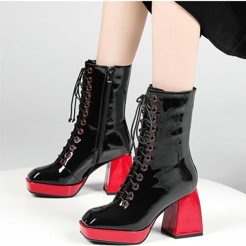 2021 High Top Punk Motorcycle Boots Women Lace Up Genuine Leather Chunky High Heels Pumps Shoes Female Square Toe Casual Shoes