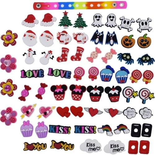 62 PCS Shoe Charms Love Letters Kiss Words Cake Christmas Halloween for Wristbands+4Pcs Shoe Lace Adapter + 1pcs Bracelet