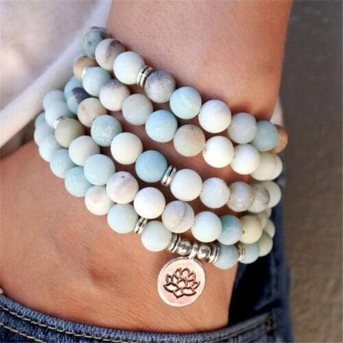 8mm Amazonite Stone 108 Beads Handmade Tassel Necklace Buddhism Religious Prayer Yoga Wristband Spiritua