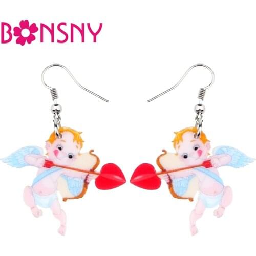 Bonsny Acrylic Valentines Day Sweet Cupid Earrings Drop Dangle Cartoon Angel Jewelry For Women Girls Teens Gift Accessories New