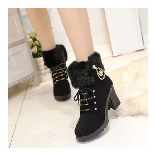 Ankle Boots Women Warm Plush Snow Booties Winter Boot Lace Up Crystal Design Woman Fashion Shoes High Square Heels